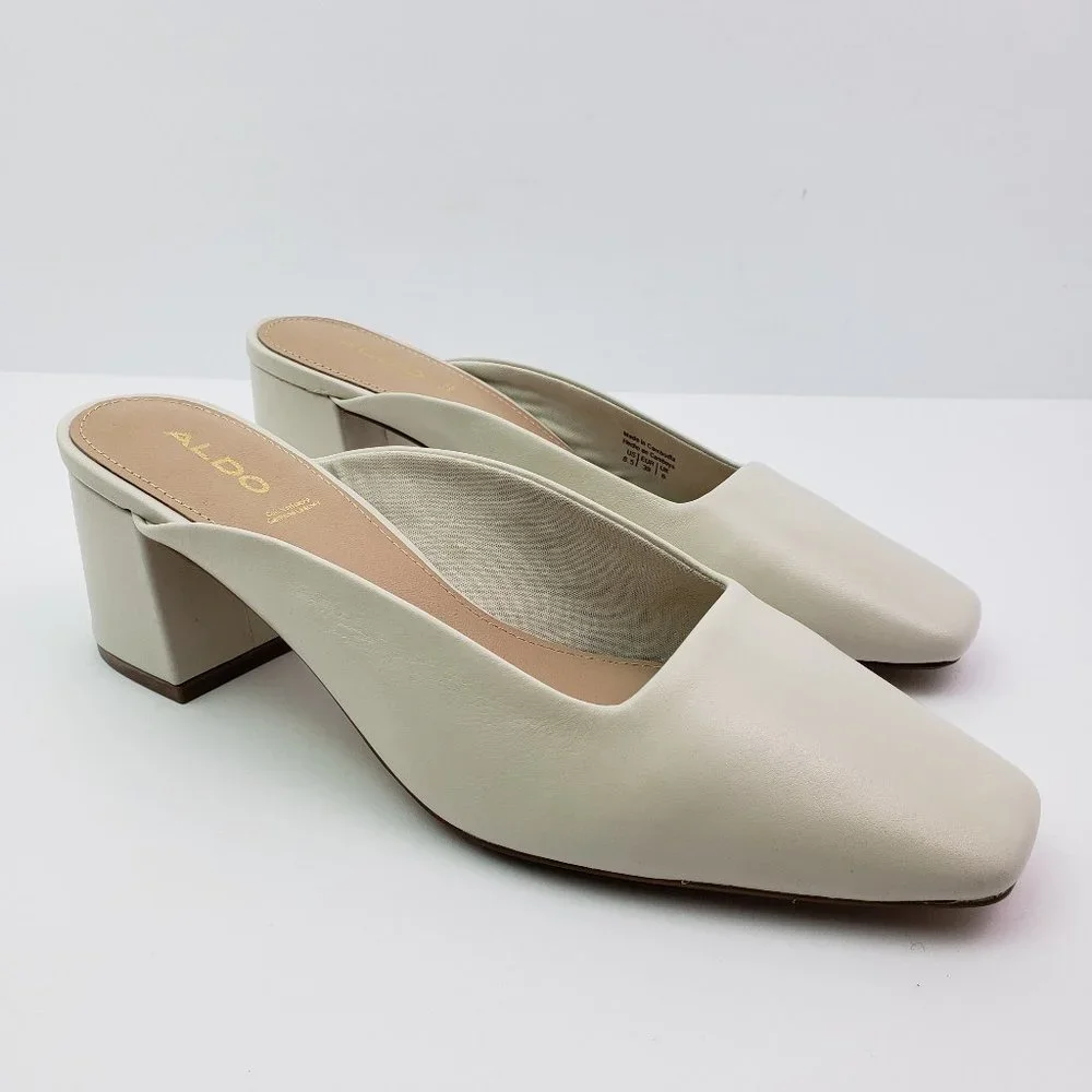 NEW Aldo Brerwen Womens Size 8 Cream Leather Slip On 2" Block Heeled Mule Shoes